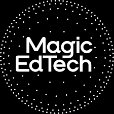 Magic EdTech logo in white text inside dotted circular pattern on black background