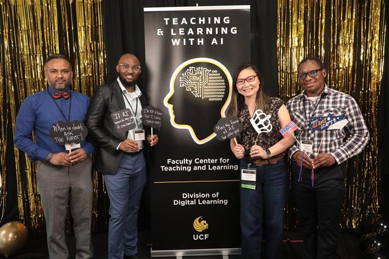 Attendees at the 2025 TLWAI conference posing at the photo booth with props and a banner of the conference