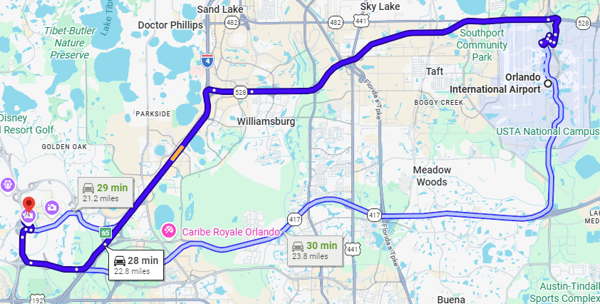Map showing directions from MCO airport to the Walt Disney Dolphin Resort.